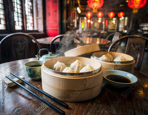 Authentic Xiao Long Bao Steaming on Wooden Table in Chinese Restaurant