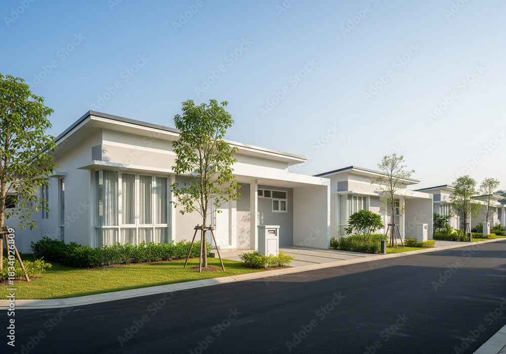 Fototapeta premium Clean white minimalist homes with sharp geometric volumes and neat garden edges