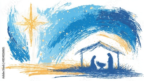 Representing the holy family, mary, joseph, and baby jesus a manger, with a guiding sky under a star brushstroke
