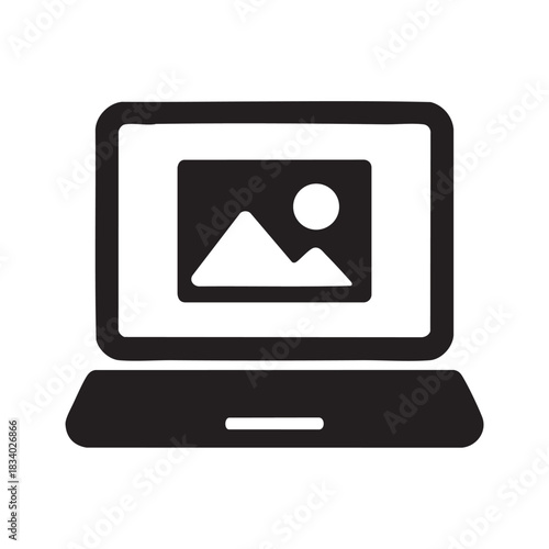 Black laptop icon for image and media content on device exactly 100 characters format