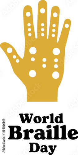 World braille day graphic with a stylized hand displaying tactile dots, representing the braille system, promoting global awareness and inclusivity for the visually impaired.