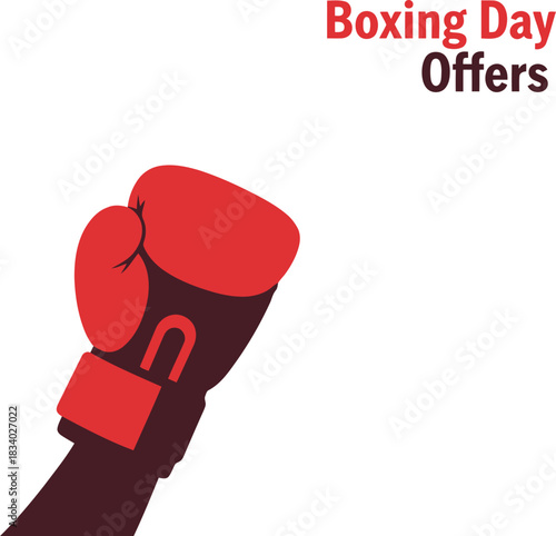 Boxing day special offers advertisement graphic with a stylized red boxing glove, symbolizing powerful deals and discounts available during the annual post-christmas holiday shopping season event.
