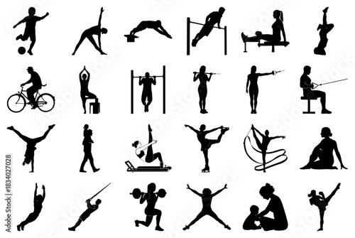Assortment of Silhouettes Showcasing Sports and Fitness Activities Keywords: silhouette, sport