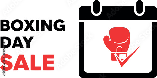 Boxing day sale vector graphic with calendar icon, red boxing glove, and checkmark, symbolizing post-christmas shopping, holiday discounts, and retail promotions. ideal for advertising special deals.