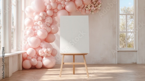 Blank canvas on easel with pink balloon arch and flowers a event celebration concept room, bright