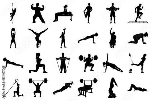 Collection of fitness and workout silhouette icons Keywords: fitness, workout, silhouette