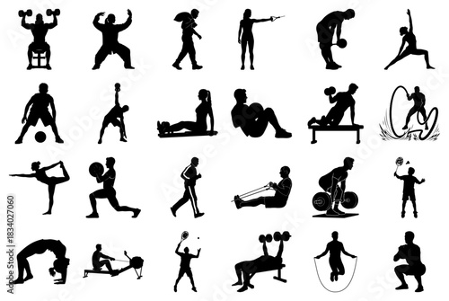Collection of Silhouettes Demonstrating Various Fitness Activities Keywords: silhouette, fitness