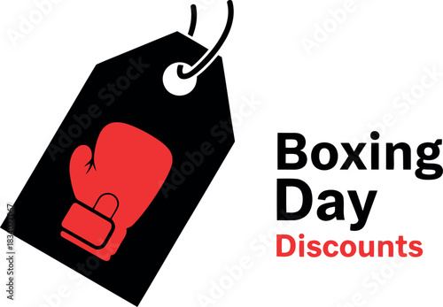 Boxing day special promotional offer tag featuring a bold red boxing glove icon, symbolizing powerful discounts and sales events for post-christmas shopping season.