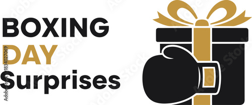Boxing day surprise graphic with gift box and boxing glove illustration, representing holiday sales, deals, promotions, and exciting presents for post-christmas shopping events and festivities.