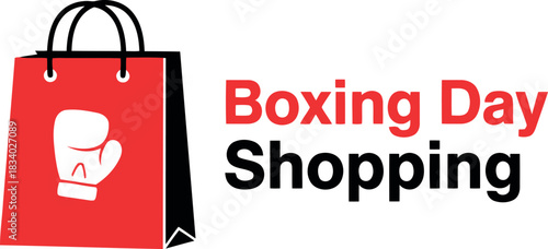 Boxing day shopping event illustration, showcasing a vibrant red retail bag with a striking white boxing glove icon, perfectly symbolizing festive season sales, discounts, and consumer deals.