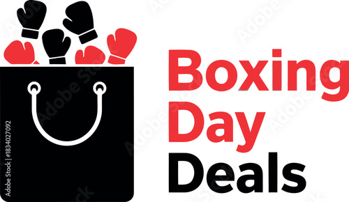 Boxing day deals graphic featuring a black shopping bag filled with red and black boxing gloves, symbolizing post-christmas sales, discounts, and seasonal promotions for holiday shopping.