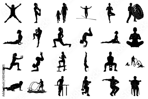Silhouette collection of yoga and fitness poses Keywords: yoga, fitness, silhouette, exercise