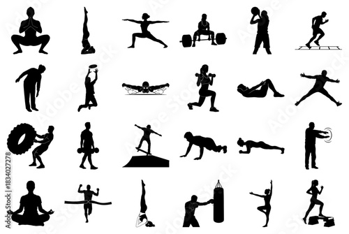 Silhouettes of People Performing Diverse Sports and Fitness Routines