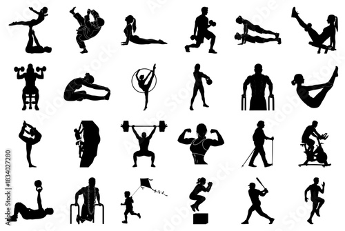 Silhouettes of Individuals Performing Sports and Fitness Exercises