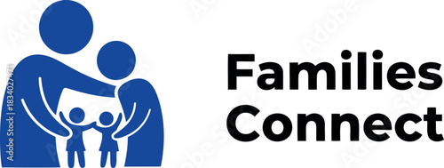 Families connect logo featuring a blue stylized graphic icon of two adults embracing two children, symbolizing unity, support, care, and community, set against a crisp white background.
