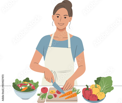 Smiling woman preparing a healthy meal by chopping fresh vegetables on a cutting board vector illustration