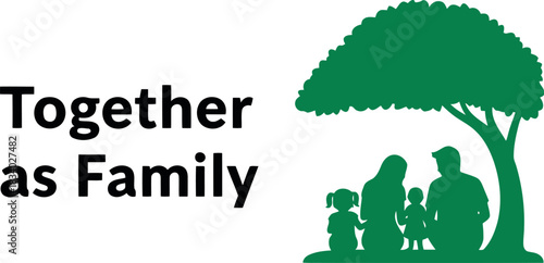 Family icon in green silhouette: parents and two kids under a tree, paired with 'together as family' text. symbolizes unity, love, protection, growth, and care for generation.