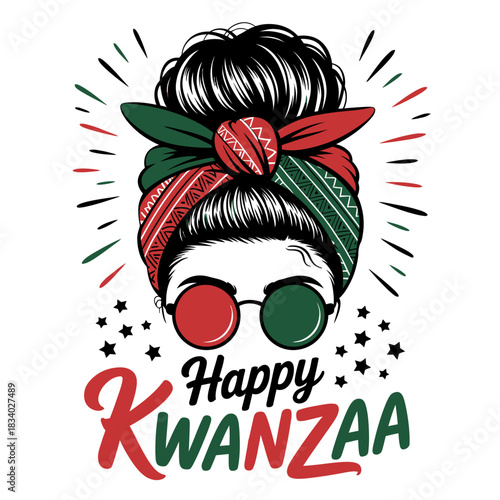 A woman's hair is styled in a bun covered by a headscarf with red and green patterns. Below, the text reads 'Happy Kwanzaa' in colorful letters.