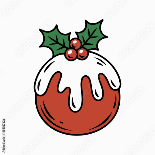 A delightful Christmas pudding topped with white icing and decorated with holly leaves and berries.