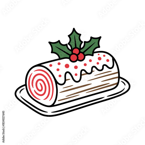 A charming depiction of a Yule log cake adorned with holly leaves and berries.