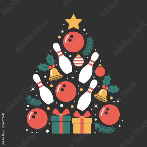 A Christmas tree is creatively formed using bowling pins and balls.