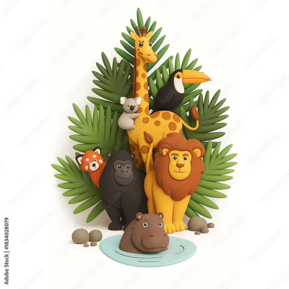 Naklejka premium 3D Zoo animals on a background of ferns