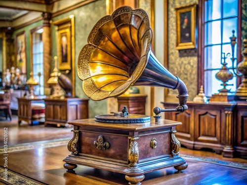 Antique gramophone showcasing vintage audio technology in an elegant room setting