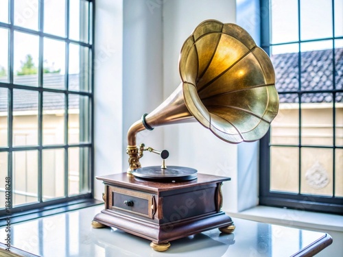 Antique Gramophone with Brass Horn in Elegant Room Setting near Windows