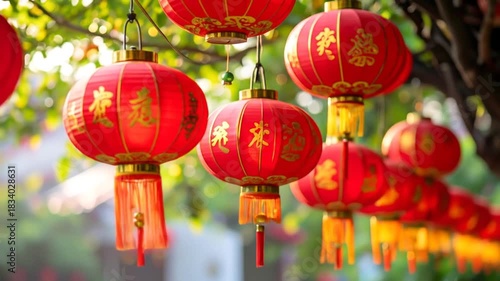 Vibrant Red Chinese Lanterns Festive Display, Embodying Cultural Celebration And Prosperity