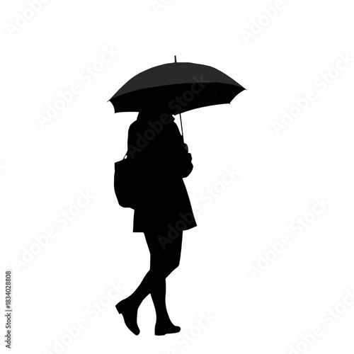 Woman walking with umbrella in silhouette against white background  