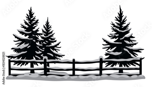Snowy pine trees with wooden fence in winter landscape  