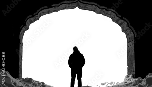 Man standing in silhouette under an archway in snowy landscape  