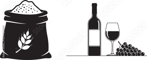 Illustration of a flour bag wine bottle and grapes
