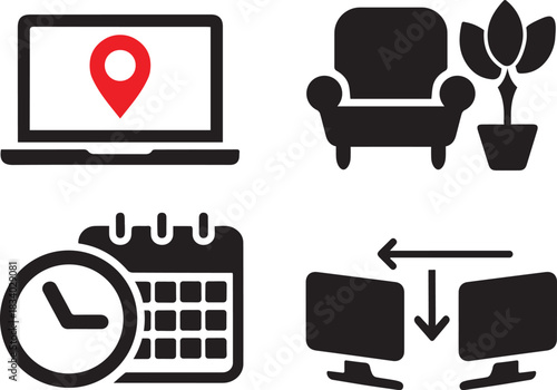 Flat black icons for location, home, time, and data transfer.