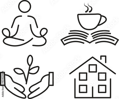Single-line vector icons for wellness, mindfulness, and lifestyle concepts.