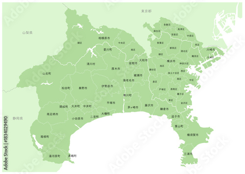 日本の都市の詳細地図シリーズ。神奈川県の市町村名付きの地図。A series of detailed maps of Japanese cities. A map of Kanagawa Prefecture with city and town names.