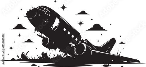 Silhouette of a crashed airplane against a vibrant starry night sky