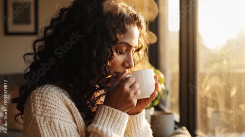 Woman enjoying coffee by the window in the morning sunlight.