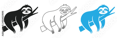 Cute sloth hanging on tree branch, cartoon mascot design,sloth bear logo on tree branch vector icon design,vector abstract black sloth logo,vintage retro hipster sloth logo vector silhouette art icon