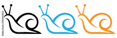 Cute snail icons in blue, black, and outline vector set,Snail icons showcase simple animal design in three styles,silhouette snails walking on road. black isolated white background,