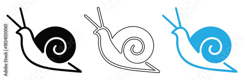 Cute snail icons in blue, black, and outline vector set,Snail icons showcase simple animal design in three styles,silhouette snails walking on road. black isolated white background,