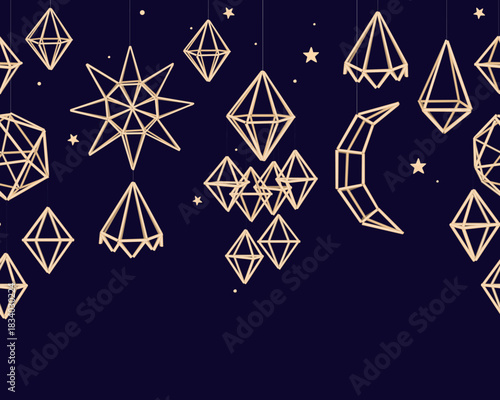 Christmas himmeli seamless border. Scandinavian and Ukrainian straw spiders hanging straw holiday tradition background. Vector isolated illustration.