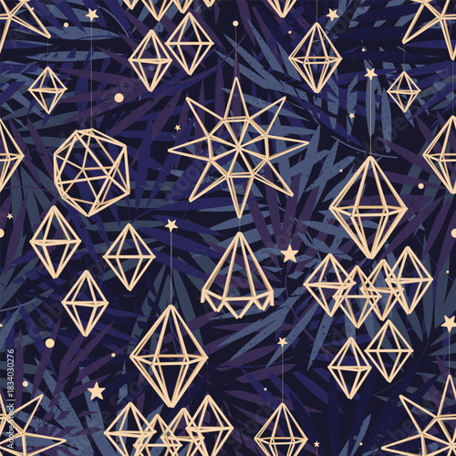 Christmas straw geometric sculptures seamless pattern. Ukrainian hanging straw spiders and Scandinavian himmeli holiday background. Xmas sky. Vector illustration.