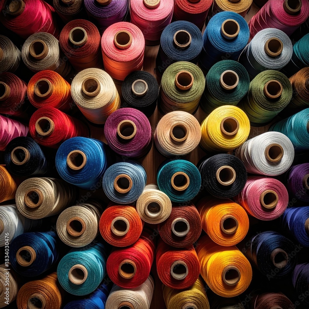 Fototapeta premium Colorful spools of thread in a tight arrangement. A top-down view reveals a vibrant array of threads in various shades. Wooden spools are clustered together, creating a textured visual pattern
