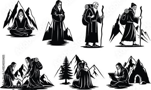 Bearded monk illustration, spiritual journey, campfire scene, cave solitude, mountain meditation, writing pose, nature connection, vector art, robe, staff