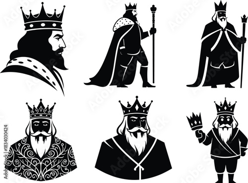 Cartoon king silhouettes, crown, robe, scepter, royal profile, cheerful monarch, vector art, black and white, stylized, regal