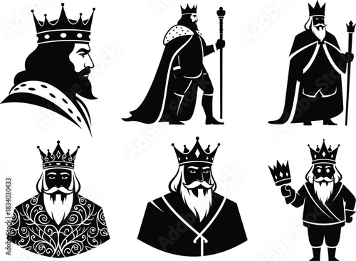 Cartoon king silhouettes, crown, robe, scepter, cheerful monarch, royal profile, vector art, black and white, stylized, regal