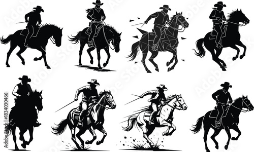 Cowboy on horseback silhouette set, Western rider icons, galloping horse vector, lasso action, black equestrian illustration, rodeo art