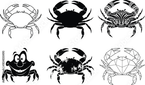 Crab illustration set, cartoon crab, tribal crab, geometric crab, black silhouette, line crab, sea creature, marine vector icons