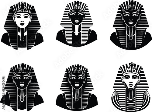 Egyptian pharaoh silhouettes, nemes headdress, ancient royalty, vector art, black and white, stylized faces, historical iconography, cobra symbol